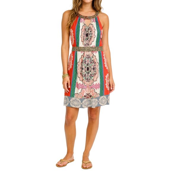 Angie Dress Boho Festival Sleeveless Multicolor Tribal Print Beaded Size Large - Picture 3 of 8